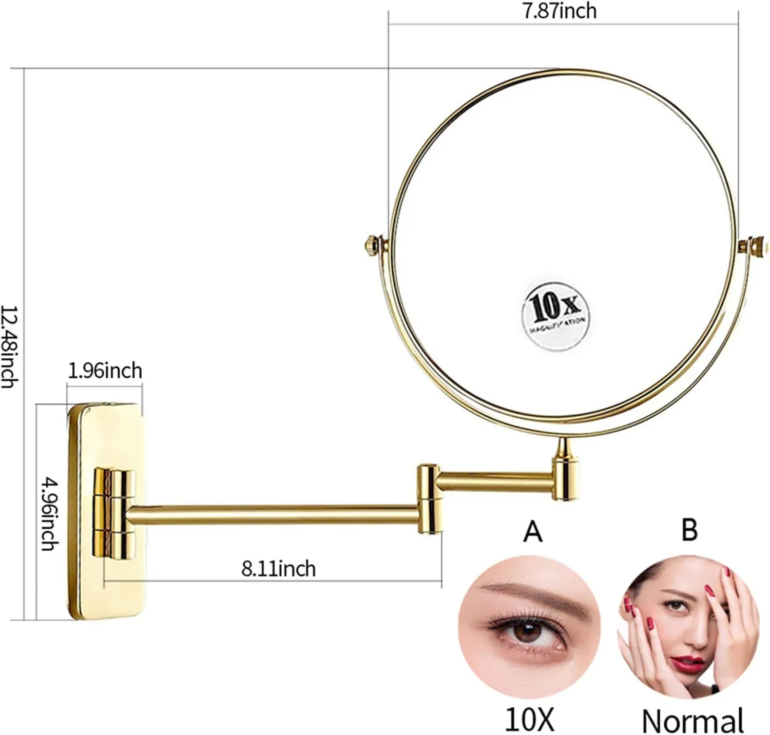 Wall Mounted Makeup Mirror, 8 inch Gold Finish Double Sided Magnifying Shaving Mirror, Extendable Bathroom Round Cosmetic Vanity Mirrors,10x