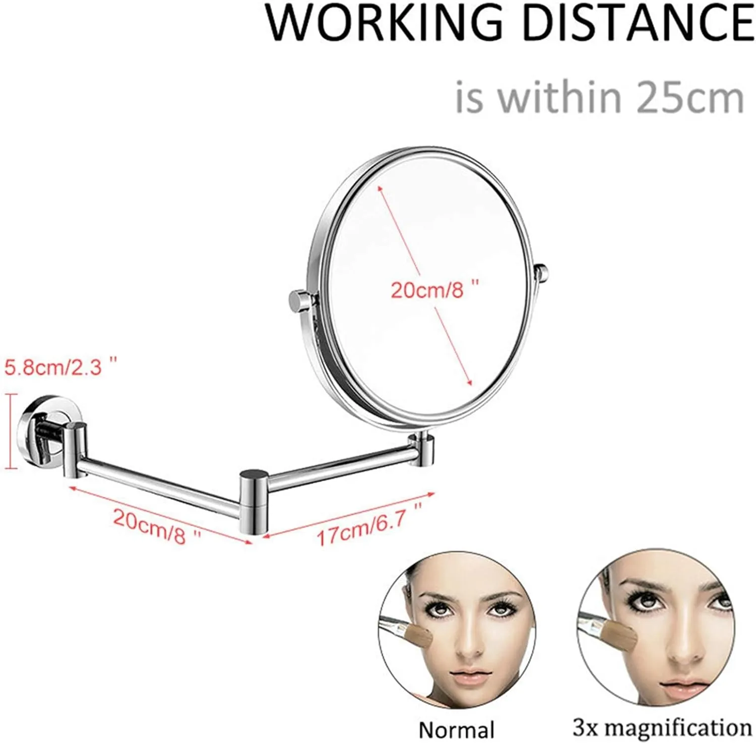 Wall Mounted Makeup Mirror, 8Inch Double Sided Magnifying Shaving Mirror, Adjustable Bathroom Swivel Extendable Vanity Mirrors,Silver,3X