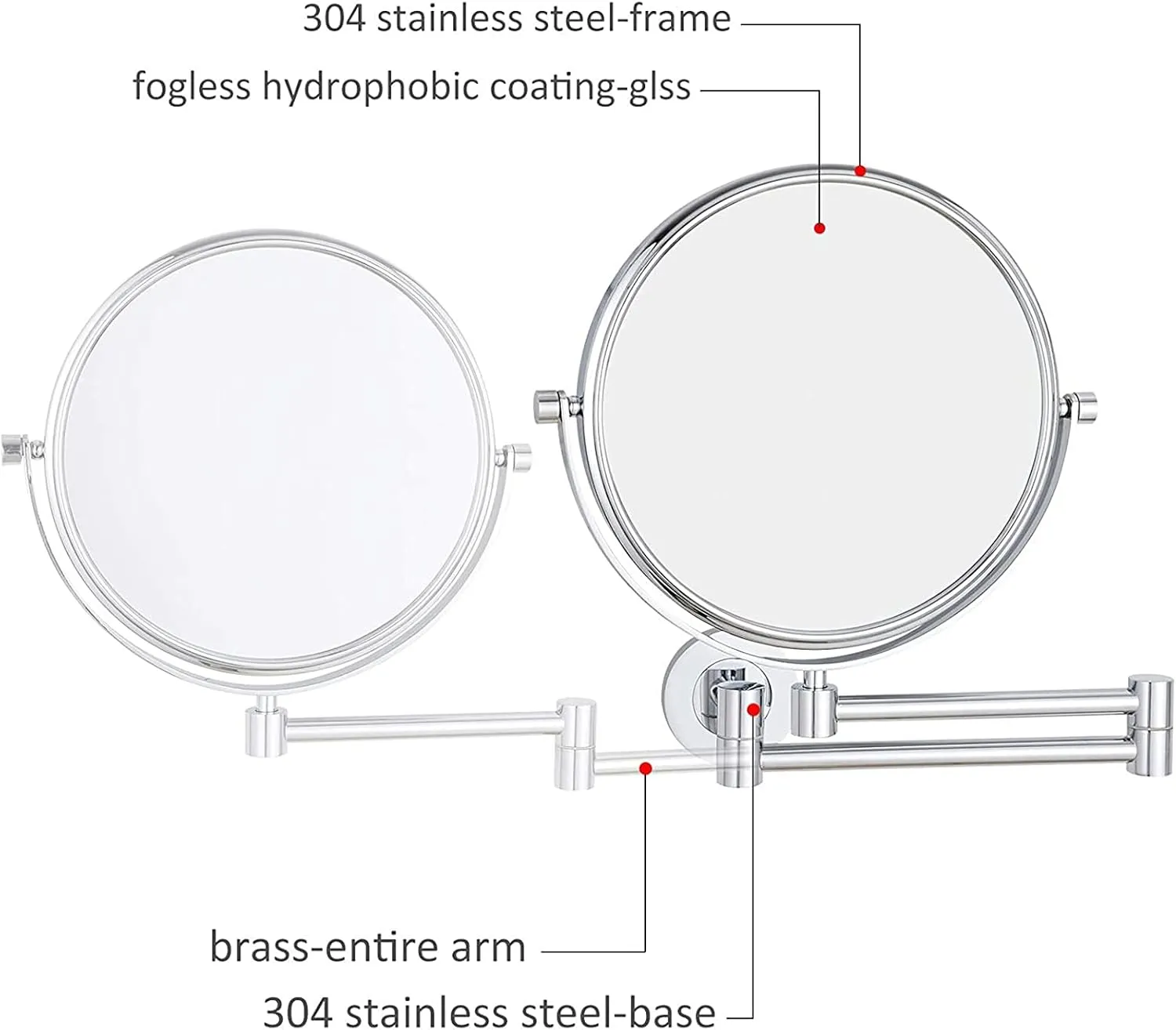 Wall Mounted Makeup Mirror, 8Inch Double Sided Magnifying Shaving Mirror, Adjustable Bathroom Swivel Extendable Vanity Mirrors,Silver,3X