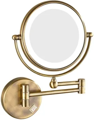 Wall Mounted Makeup Mirror with LED Light, 3X Magnification, 360° Swivel, Extendable, Two-Sided Mirror, Easy Installation, Gold Finish(Antique Color,7X)
