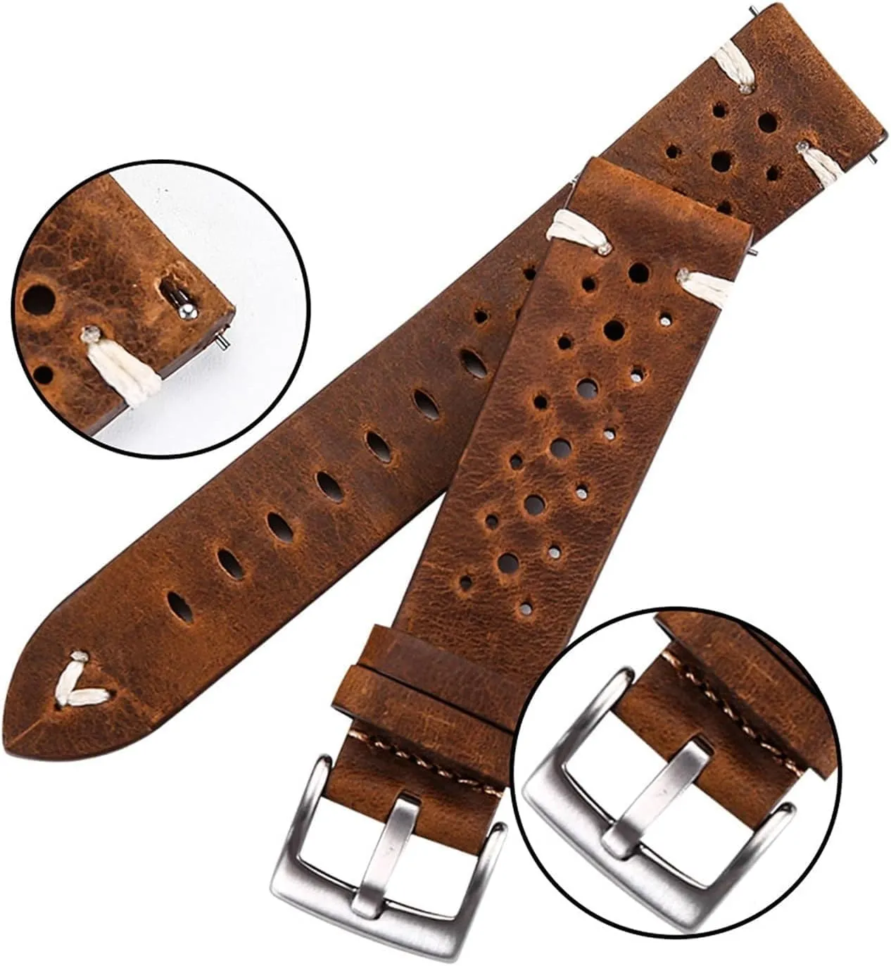 Watch Band Strap Porous Dark Brown Handmade Oil Wax Leather Watch Strap for Women Men