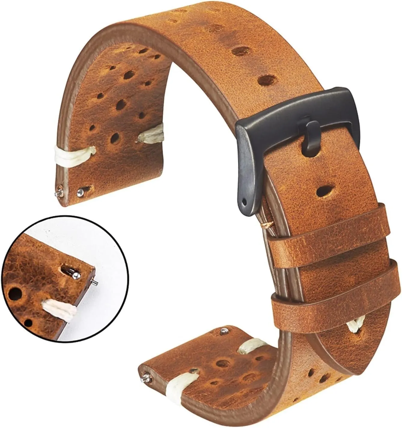 Watch Band Strap Porous Dark Brown Handmade Oil Wax Leather Watch Strap for Women Men