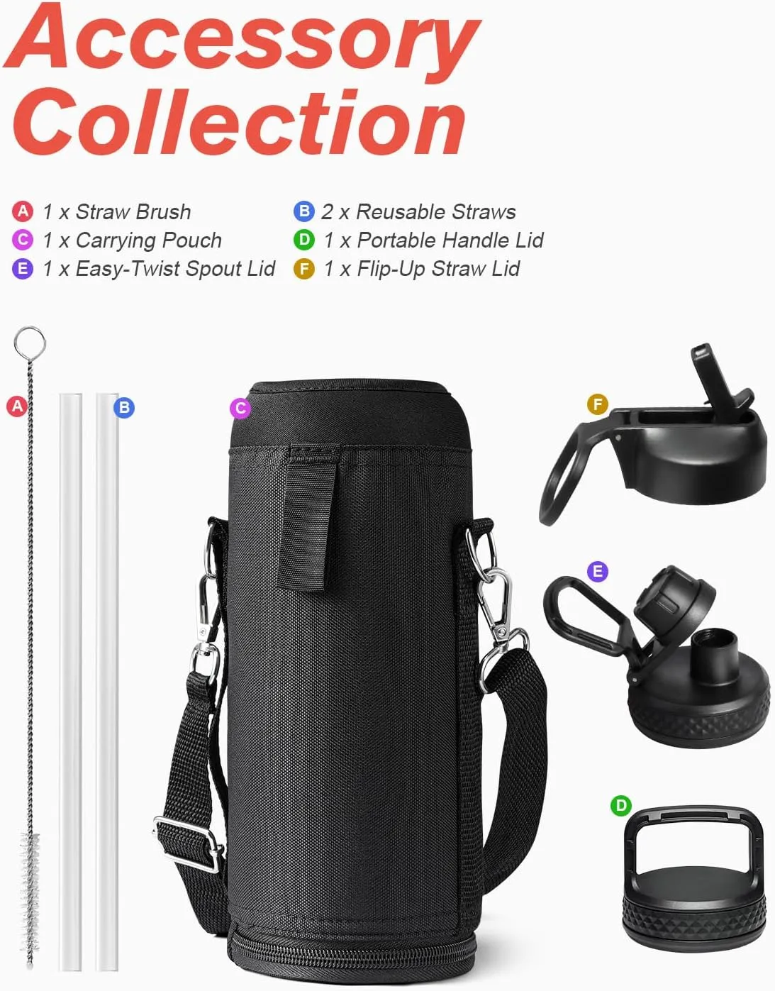 Water Bottle 40 oz Insulated with Straw&Brush, Coolflask Vaccum Stainless Steel Metal 3 Lids Water Flask for Sports, Gym or Office, Keep Cold 48H Hot 24H, Magic Black