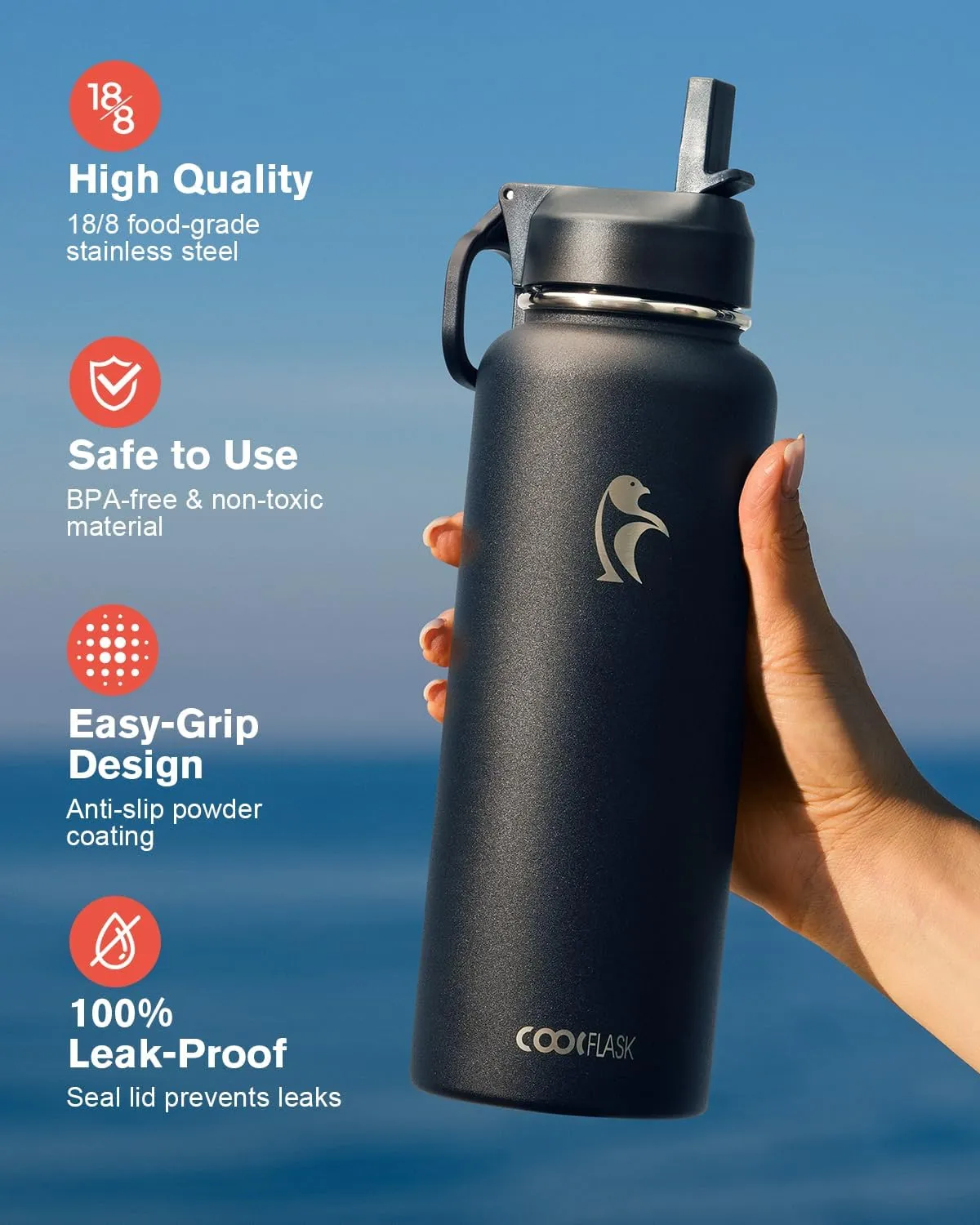 Water Bottle 40 oz Insulated with Straw&Brush, Coolflask Vaccum Stainless Steel Metal 3 Lids Water Flask for Sports, Gym or Office, Keep Cold 48H Hot 24H, Magic Black