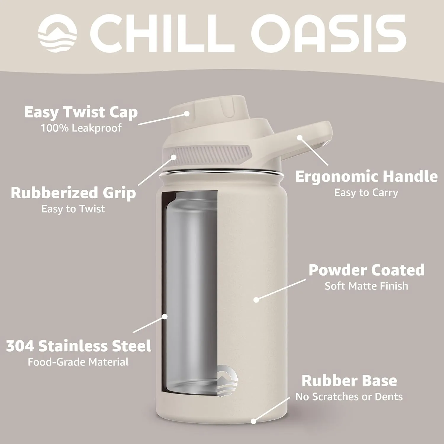 Water Bottle | Compatible With Popular Flavor Cartridges | BPA Free, Leak Proof, Double-Walled Vacuum Insulated Stainless Steel, and Dishwasher Safe | Cold for 24 Hours (Beige, 12oz)