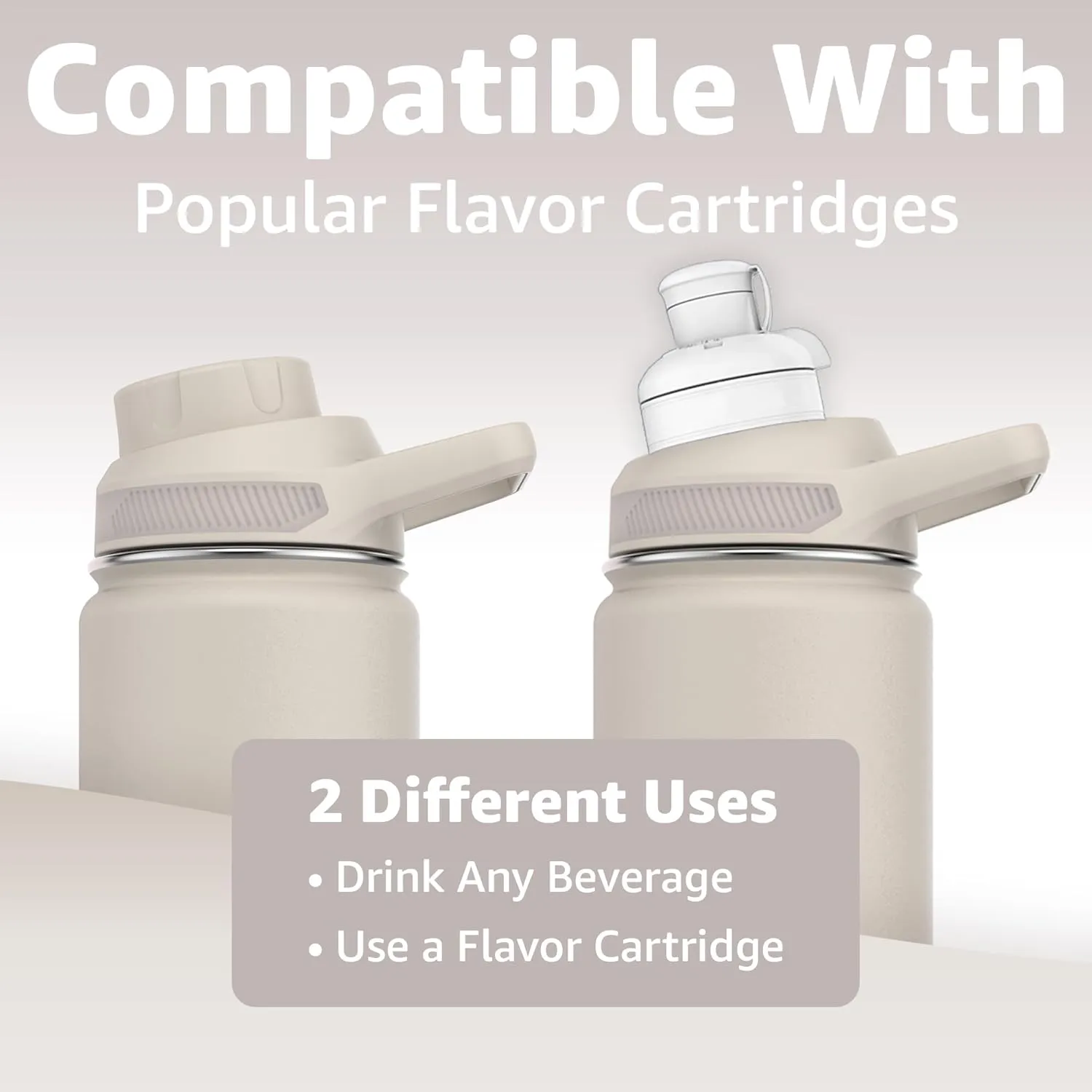 Water Bottle | Compatible With Popular Flavor Cartridges | BPA Free, Leak Proof, Double-Walled Vacuum Insulated Stainless Steel, and Dishwasher Safe | Cold for 24 Hours (Beige, 12oz)