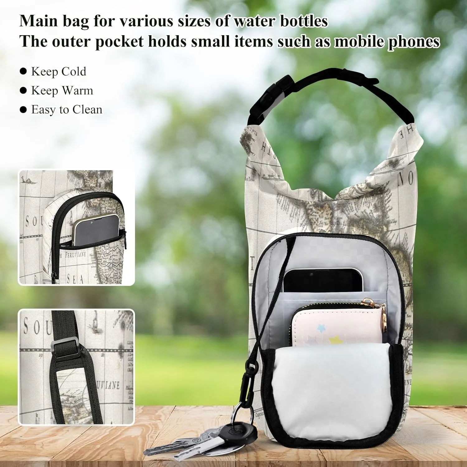 Water Bottle Sling Sleeve Bag, Bottle Carrier Holder Case Cover with Removable Strap Travel Cup Mug Storage with Pockets Ancient America Old Map with Greenland Insert Map