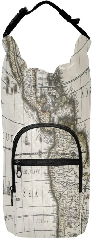 Water Bottle Sling Sleeve Bag, Bottle Carrier Holder Case Cover with Removable Strap Travel Cup Mug Storage with Pockets Ancient America Old Map with Greenland Insert Map