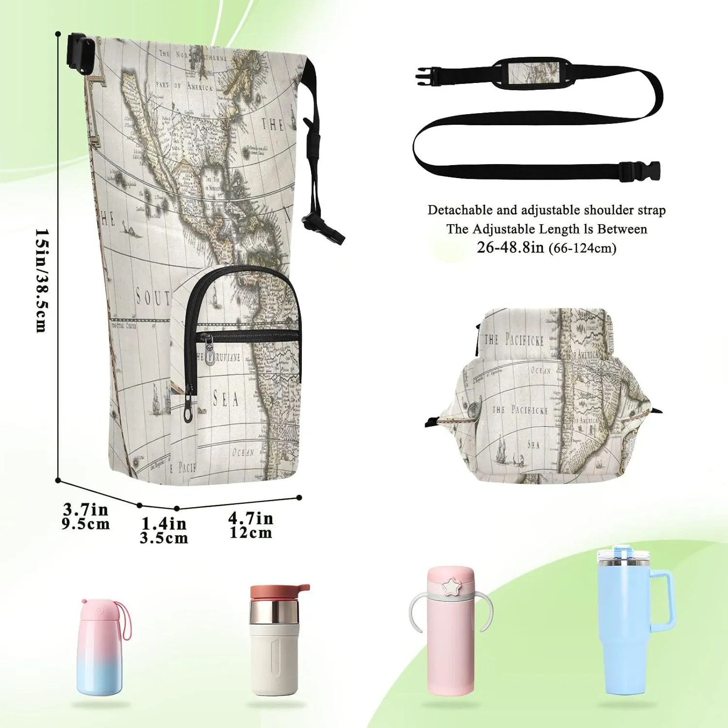 Water Bottle Sling Sleeve Bag, Bottle Carrier Holder Case Cover with Removable Strap Travel Cup Mug Storage with Pockets Ancient America Old Map with Greenland Insert Map