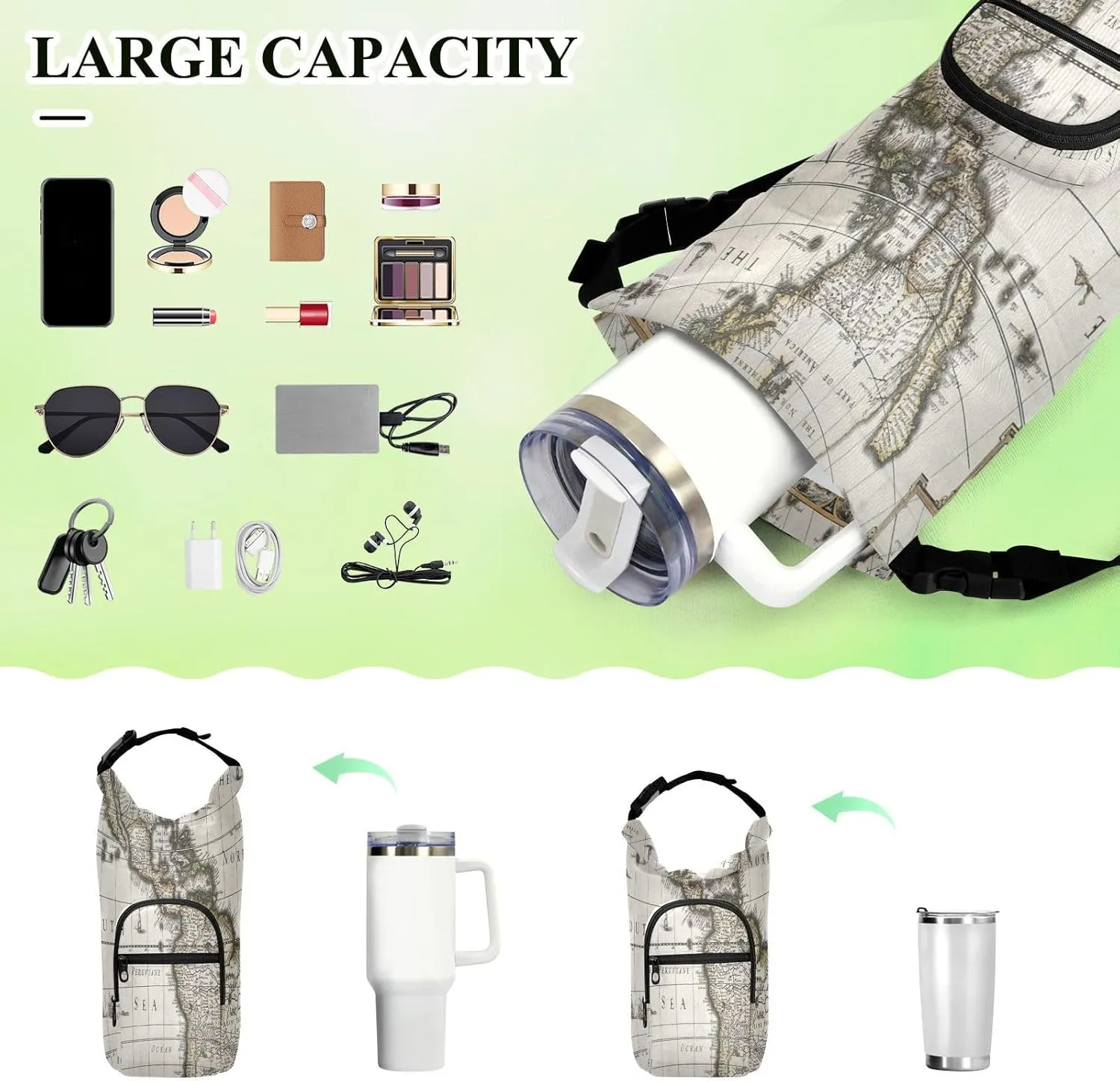 Water Bottle Sling Sleeve Bag, Bottle Carrier Holder Case Cover with Removable Strap Travel Cup Mug Storage with Pockets Ancient America Old Map with Greenland Insert Map