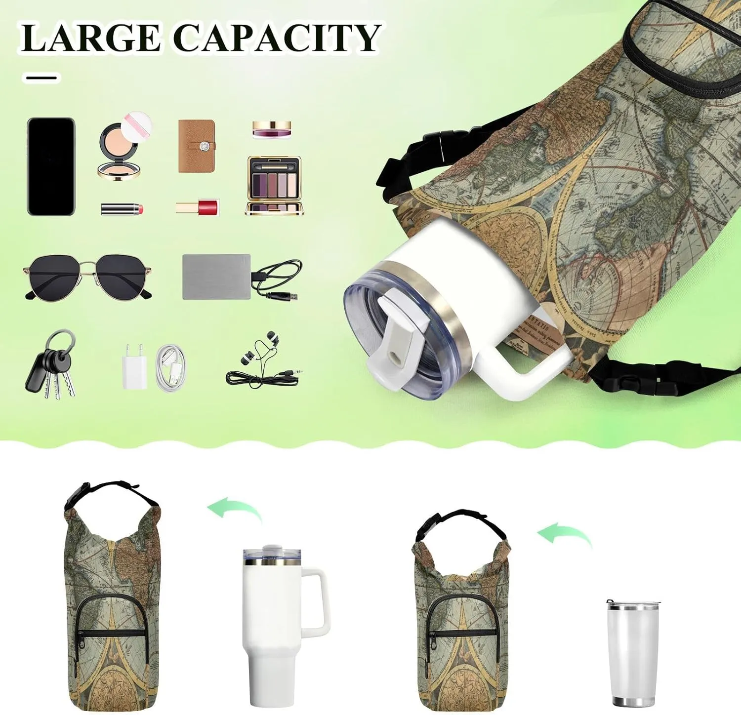Water Bottle Sling Sleeve Bag, Bottle Carrier Holder Case Cover with Removable Strap Travel Cup Mug Storage with Pockets Vintage Old World Map