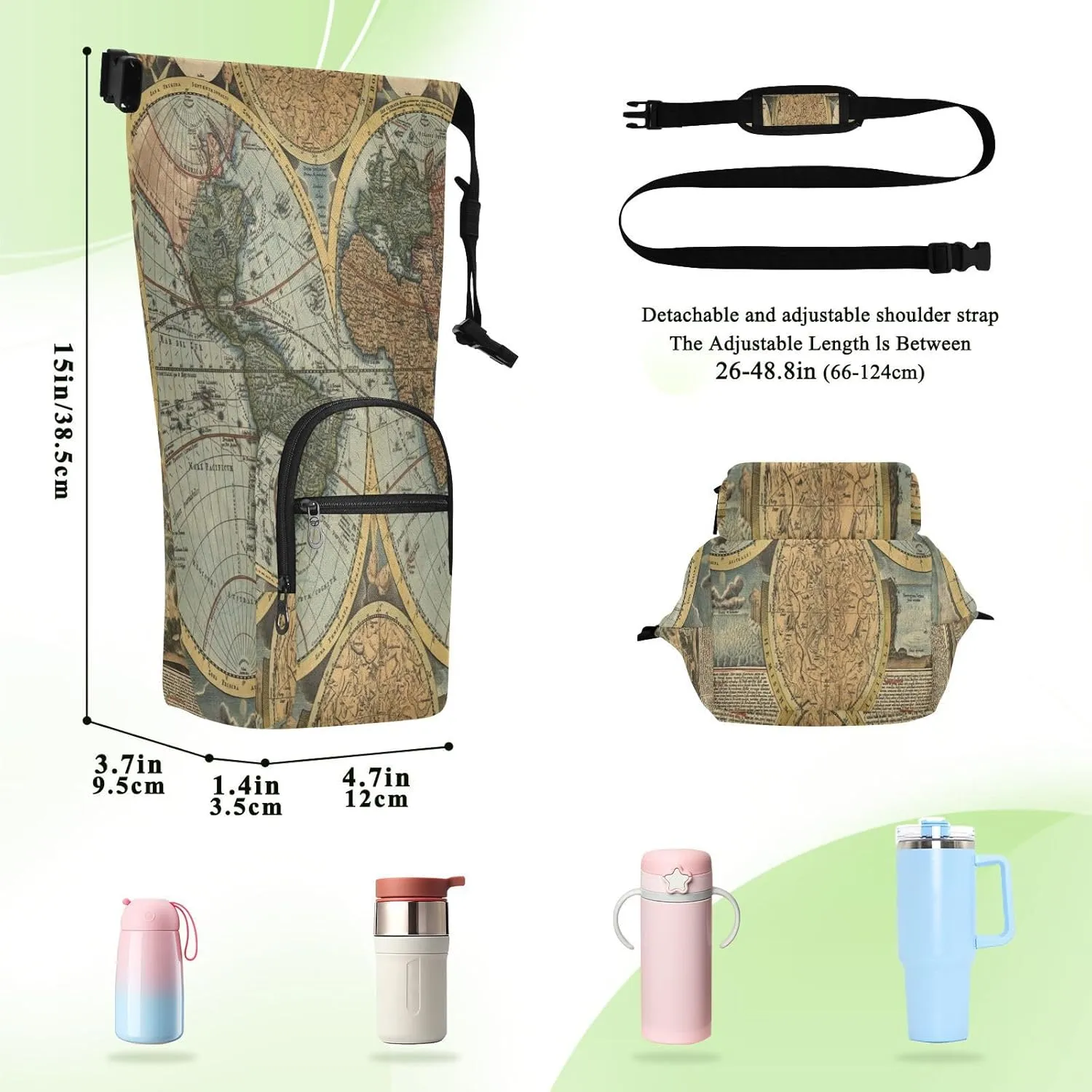 Water Bottle Sling Sleeve Bag, Bottle Carrier Holder Case Cover with Removable Strap Travel Cup Mug Storage with Pockets Vintage Old World Map