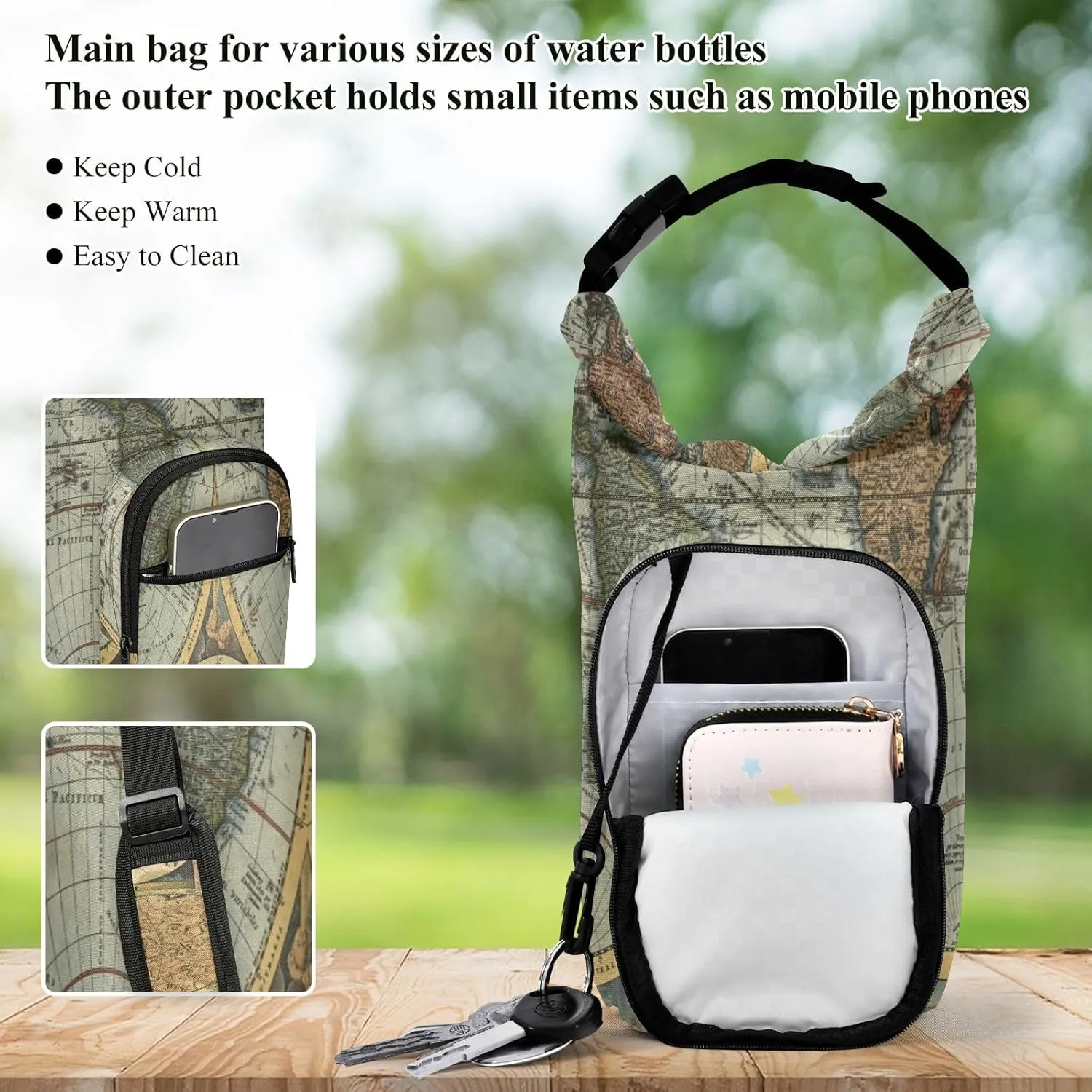 Water Bottle Sling Sleeve Bag, Bottle Carrier Holder Case Cover with Removable Strap Travel Cup Mug Storage with Pockets Vintage Old World Map
