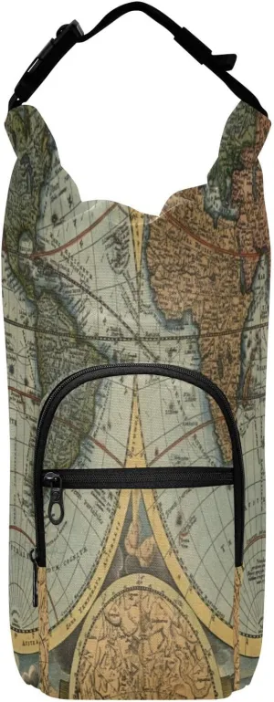 Water Bottle Sling Sleeve Bag, Bottle Carrier Holder Case Cover with Removable Strap Travel Cup Mug Storage with Pockets Vintage Old World Map