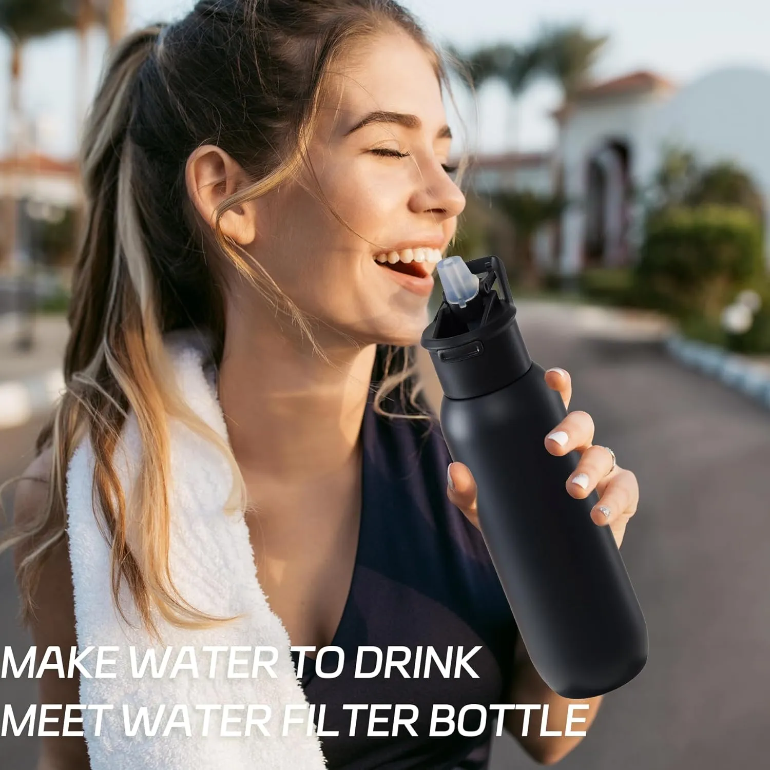 Water Bottle with Filter, Stainless Steel Premium Filtering Water Bottle, BPA-Free, Reusable, Insulated,Water Filter Bottle for Travel and Everyday Use Black - 20 oz