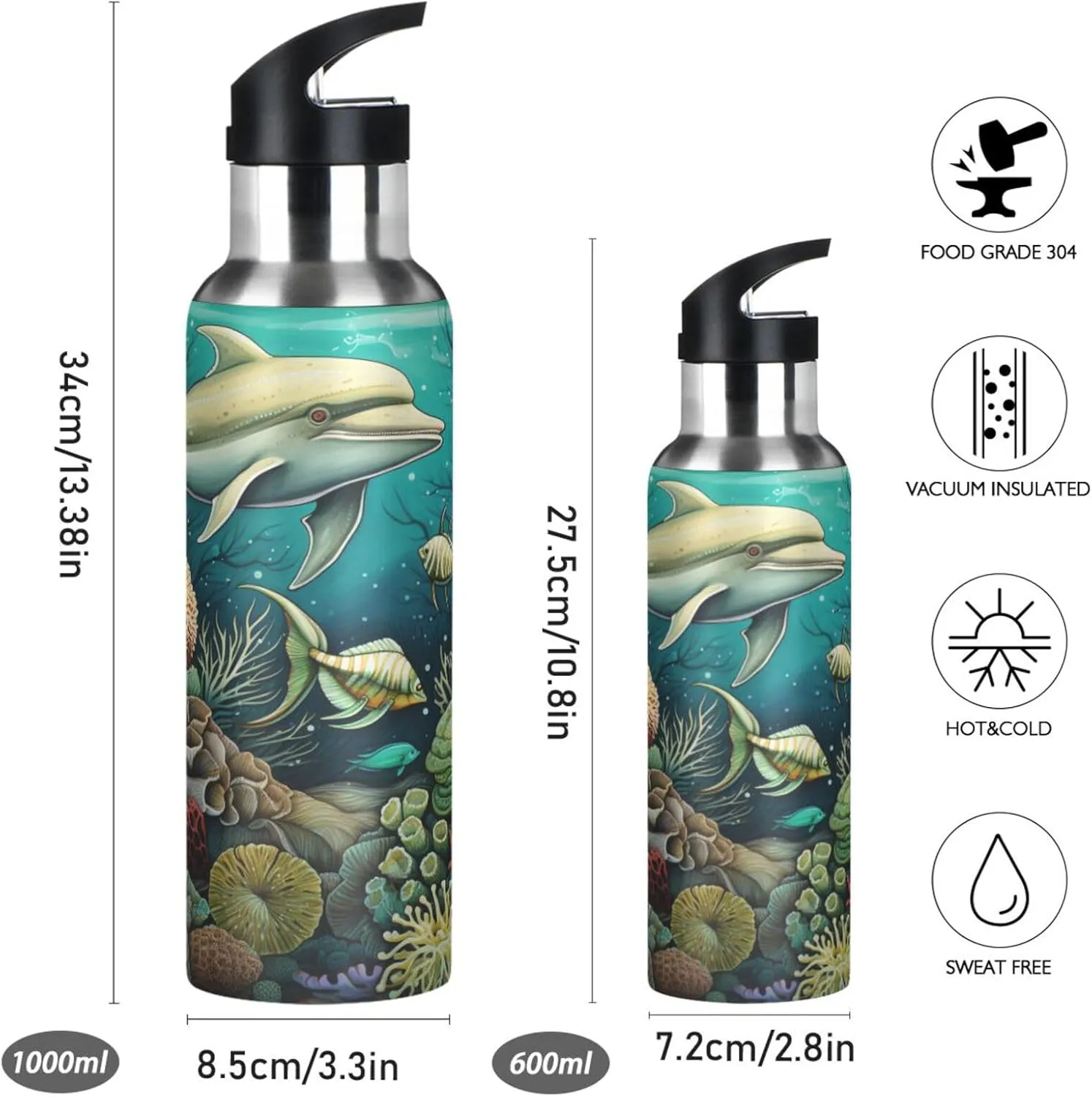 Watercolor Art Sea Whale Sport Water Bottle Insulated Stainless Steel Large Vacuum Flask Leak Proof Thermos with Straw for Travel(600ml/1000ml)