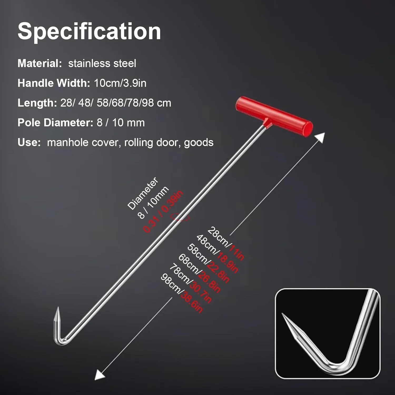 WDJBPSH Portable Lifting Hooks with Non-Slip Handle, Stainless Steel Single Hook End for Manhole Cover/Sewer Lids/Roll-up Door, Drain Covers Lifter/Wheel Nail Puller(8mm,48cm/18.9in)