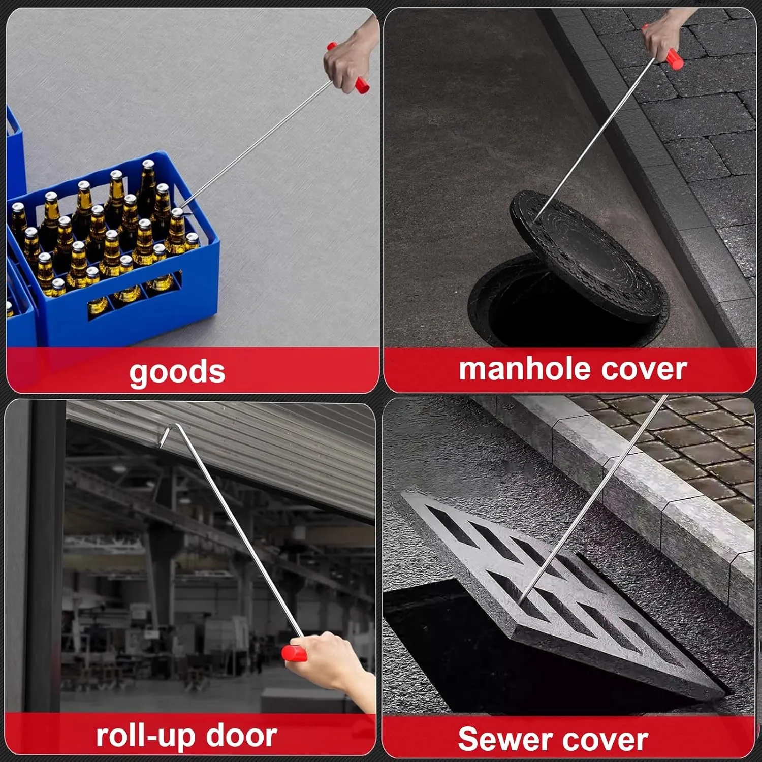 WDJBPSH Portable Lifting Hooks with Non-Slip Handle, Stainless Steel Single Hook End for Manhole Cover/Sewer Lids/Roll-up Door, Drain Covers Lifter/Wheel Nail Puller(8mm,48cm/18.9in)