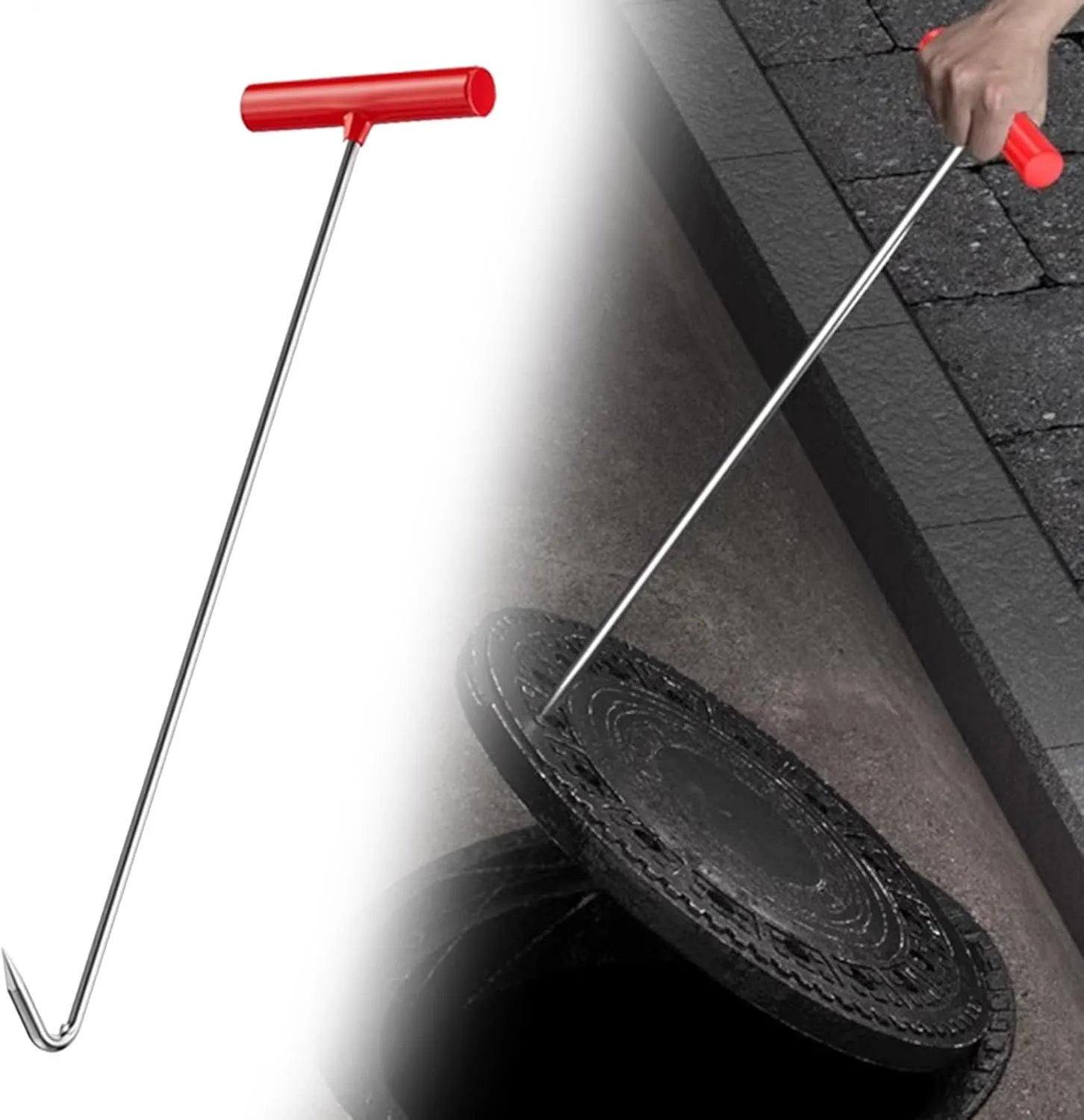 WDJBPSH Portable Lifting Hooks with Non-Slip Handle, Stainless Steel Single Hook End for Manhole Cover/Sewer Lids/Roll-up Door, Drain Covers Lifter/Wheel Nail Puller(8mm,48cm/18.9in)