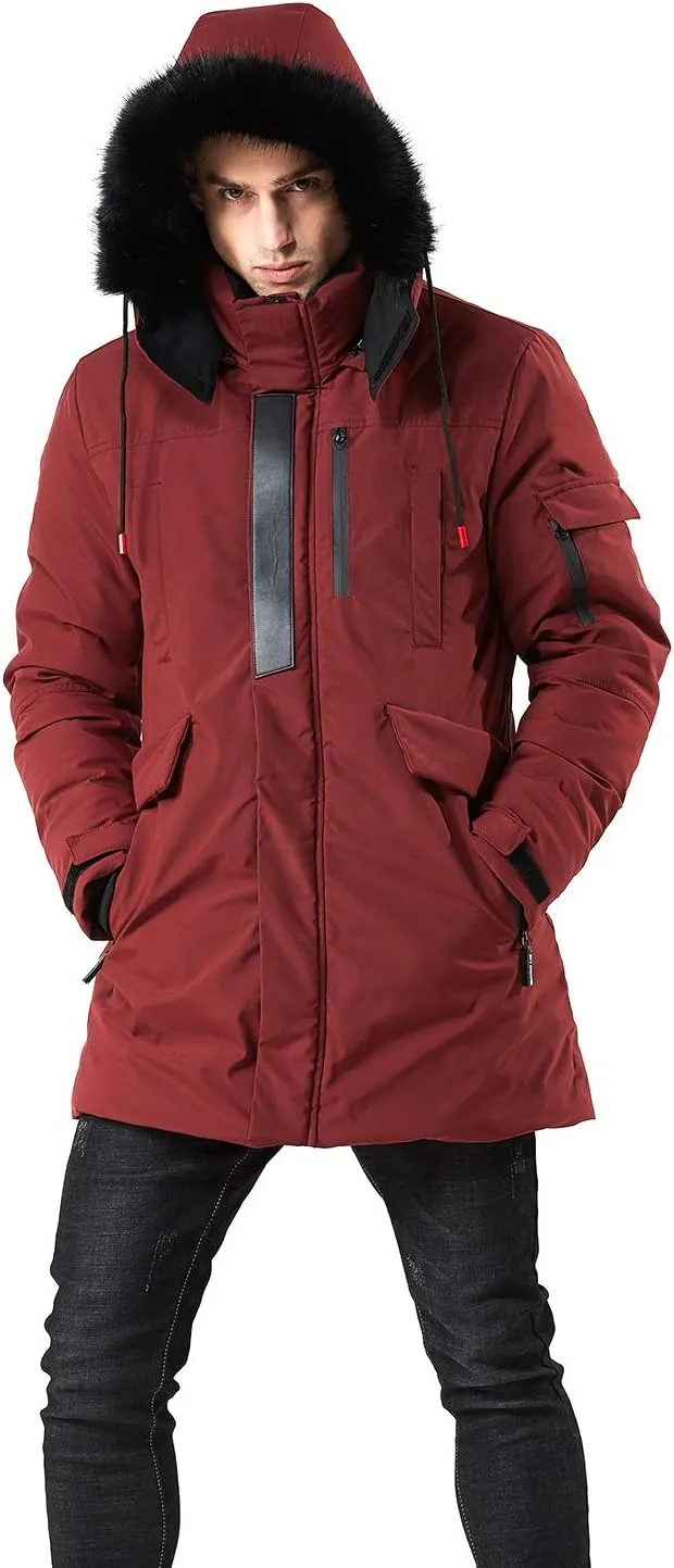 WEEN CHARM Men's Warm Parka Ski Jacket Water Resistant Puffer Jacket Long Winter Coat with Removable Faux Fur Hood