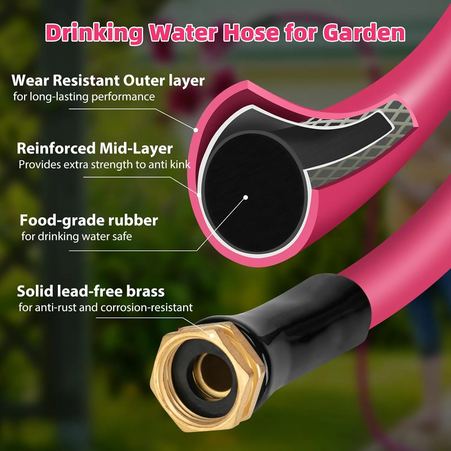 WELLUCK Garden Hose 5/8 in x 50 ft, Heavy Duty Durable Anti Kink Flexible Garden Water Hose for Drinking Water Safe BPA Free, All-weather Lightweight Water Hose for Garden RV Camper Marine