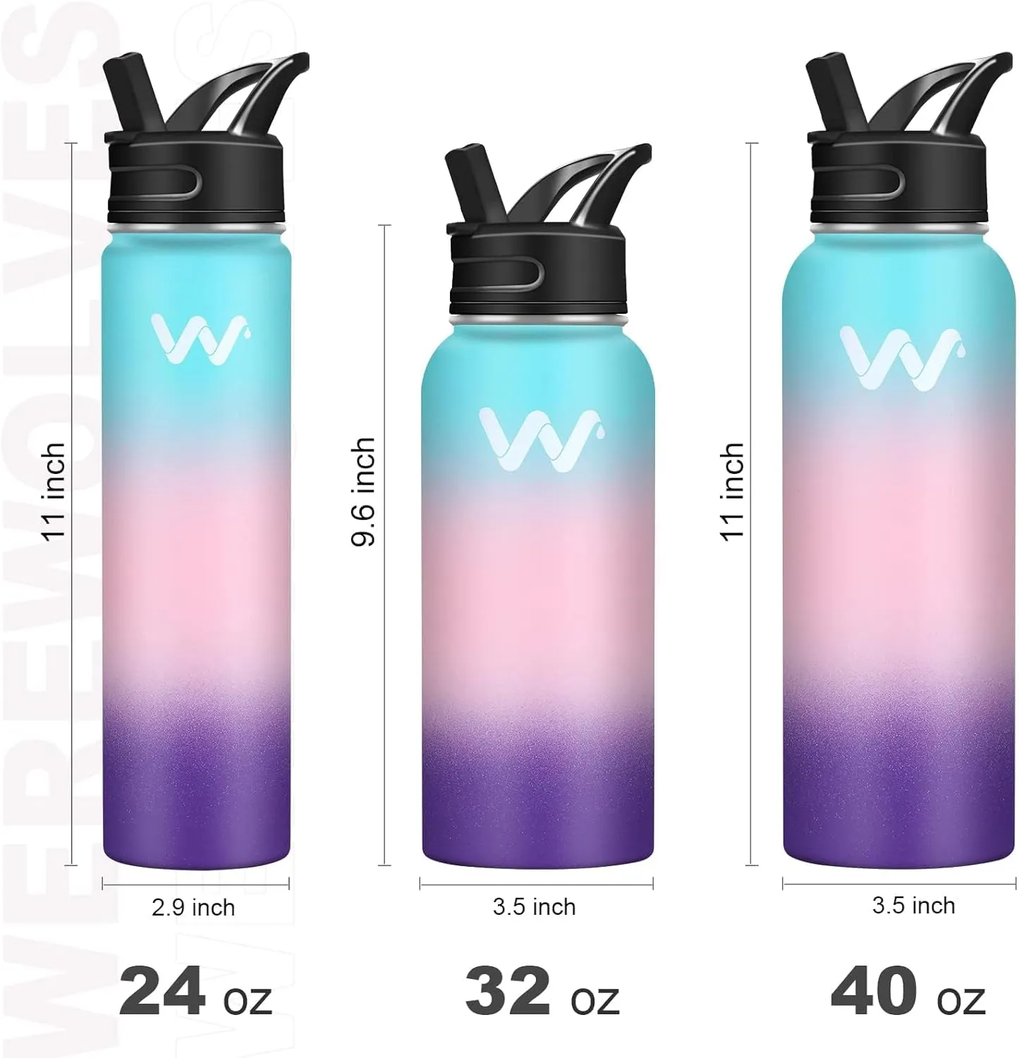 WEREWOLVES Insulated Water Bottle With Paracord Handles & Strap & Straw Lid & Spout Lid,Reusable Wide Mouth Vacuum Stainless Steel Water Bottle for Adults 24 oz, 32 oz, 40 oz