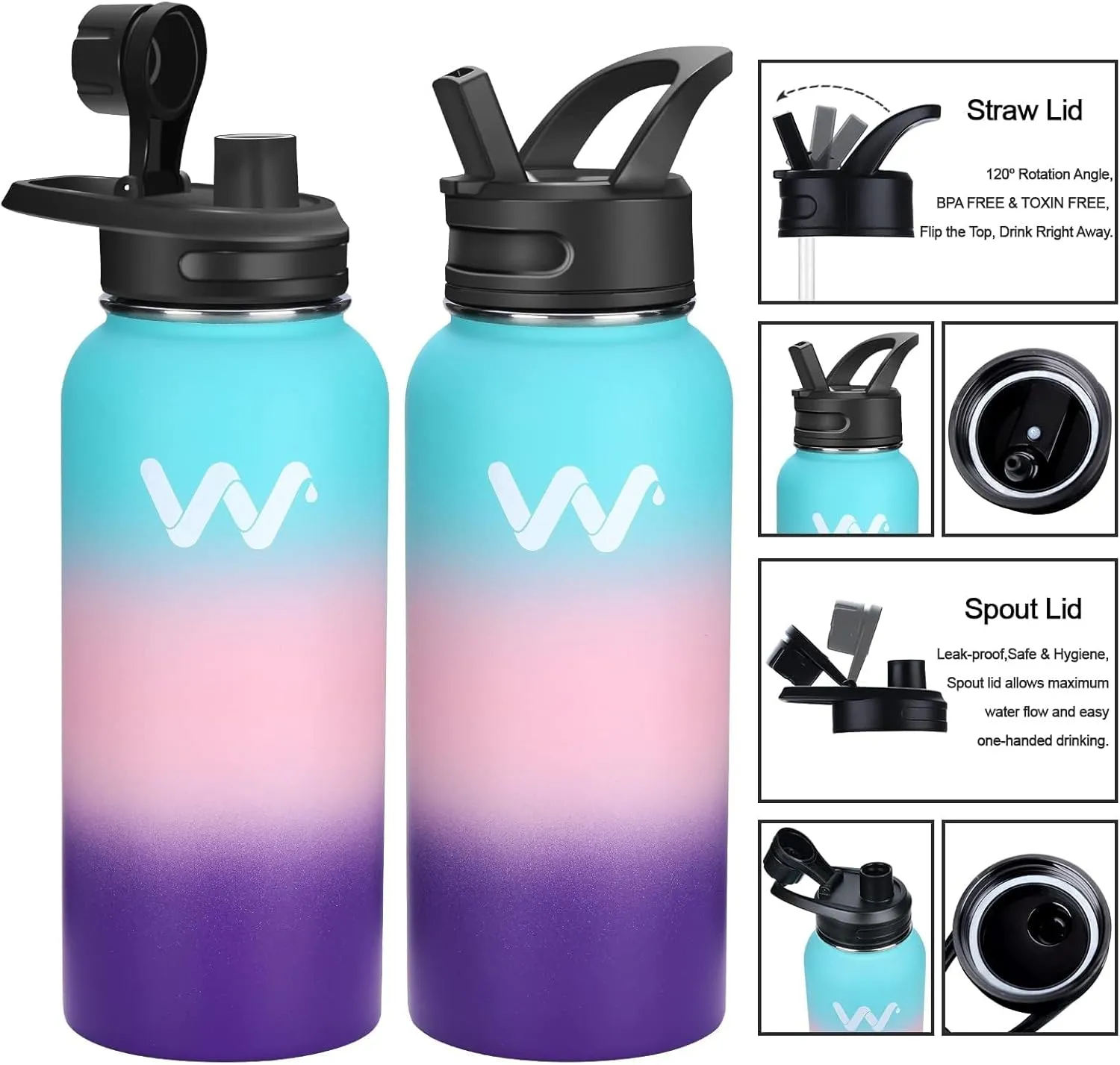 WEREWOLVES Insulated Water Bottle With Paracord Handles & Strap & Straw Lid & Spout Lid,Reusable Wide Mouth Vacuum Stainless Steel Water Bottle for Adults 24 oz, 32 oz, 40 oz