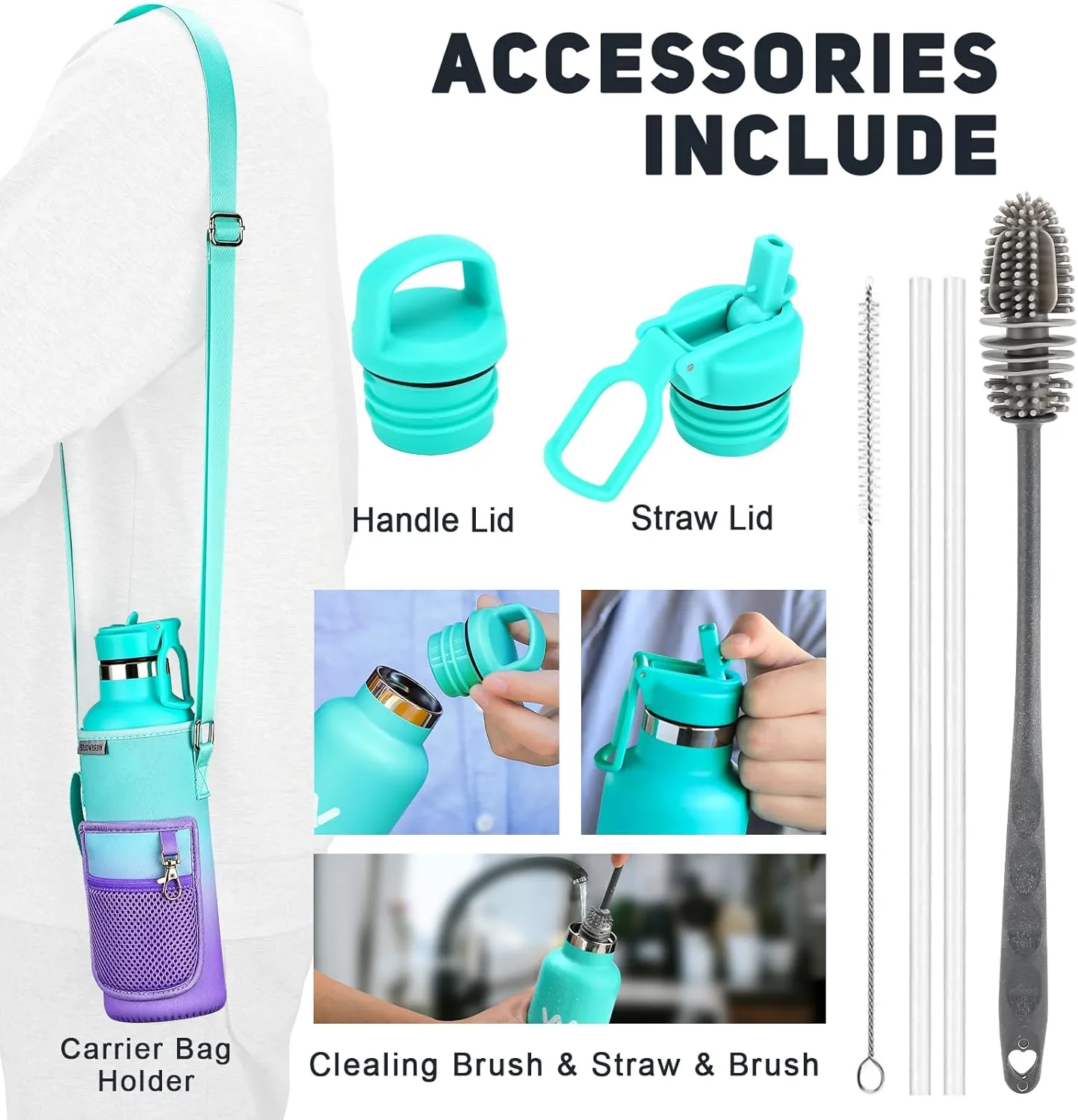 WEREWOLVES Insulated Water Bottle with Straw Lid & Handle Lid, Stainless Steel Water Bottle with Carrier Bag Holder, Reusable Vacuum Narrow Mouth Leak-Proof Bottle for Biking