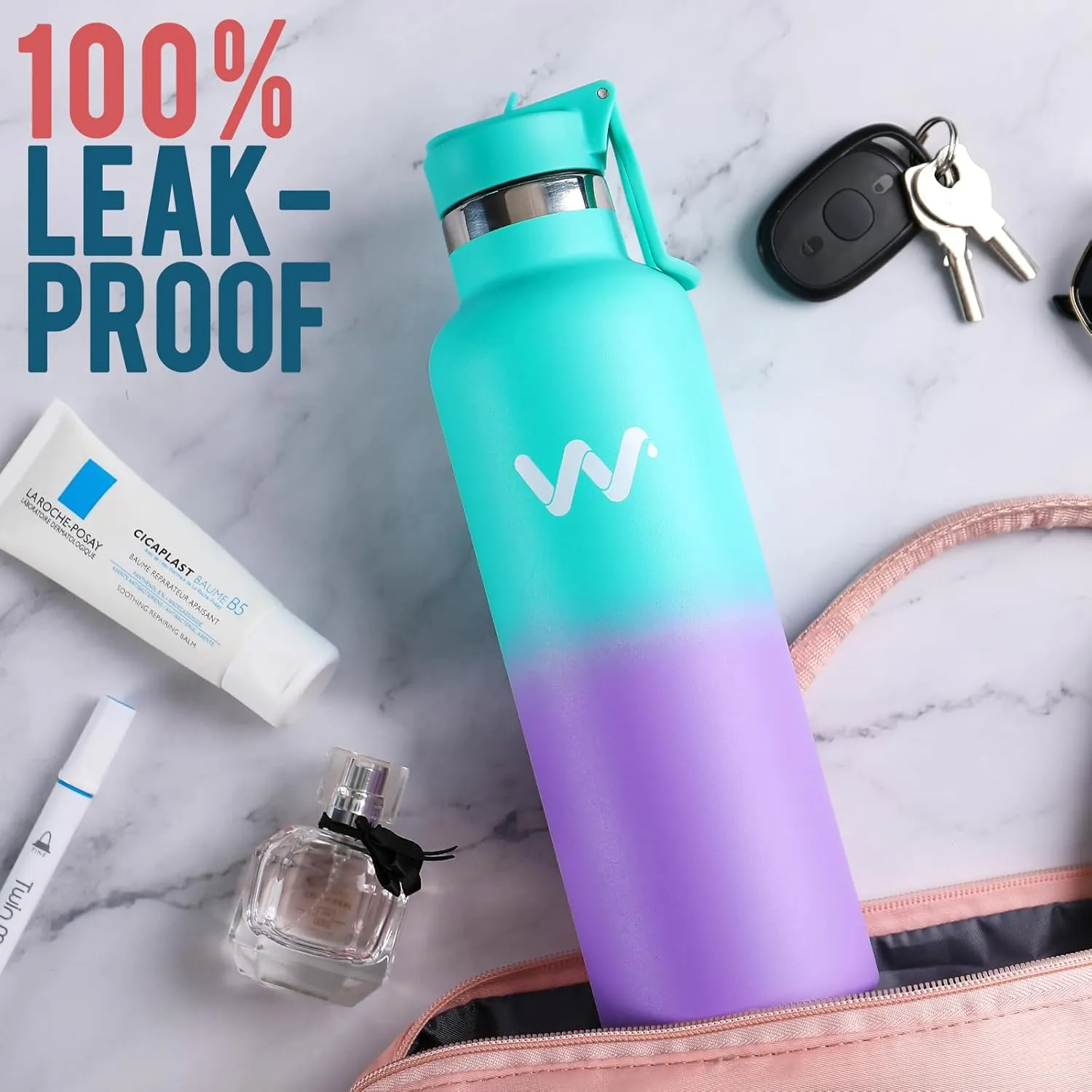 WEREWOLVES Insulated Water Bottle with Straw Lid & Handle Lid, Stainless Steel Water Bottle with Carrier Bag Holder, Reusable Vacuum Narrow Mouth Leak-Proof Bottle for Biking