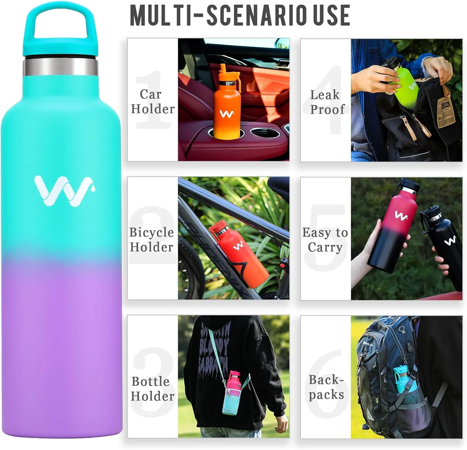 WEREWOLVES Insulated Water Bottle with Straw Lid & Handle Lid, Stainless Steel Water Bottle with Carrier Bag Holder, Reusable Vacuum Narrow Mouth Leak-Proof Bottle for Biking
