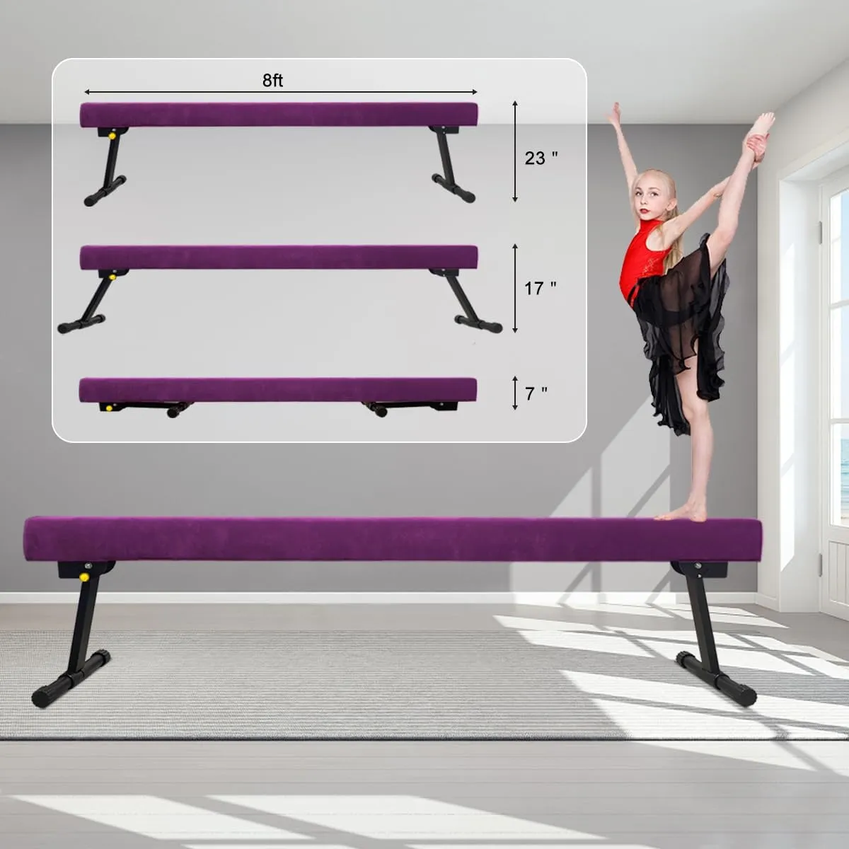 Wesky Adjustable Balance Beam,High and Low Floor Beam Gymnastics Equipment,Professional Gymnastics Beam for Kids Home Training with Foldable Legs