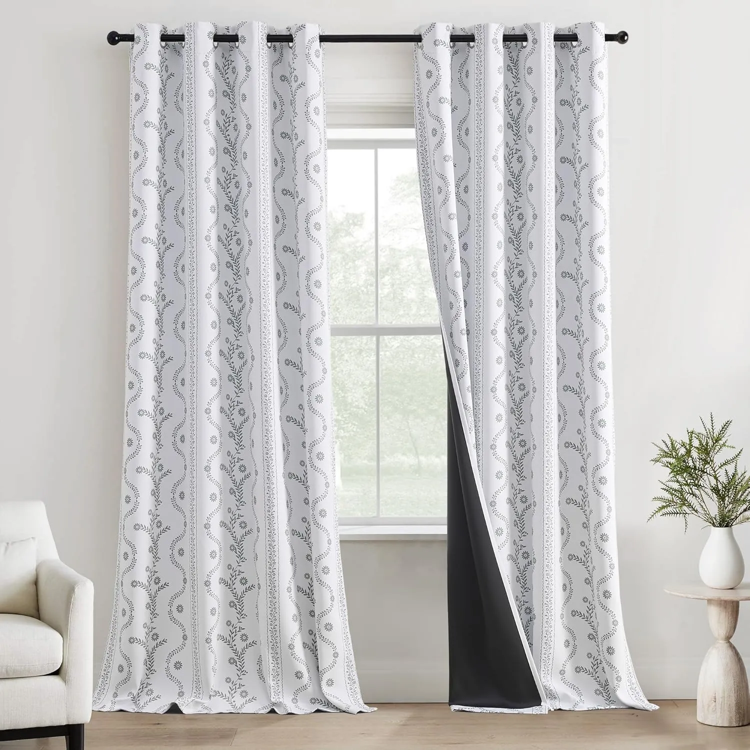 White Blackout Curtains Boho Style for Bedroom Living Room Window Treatment Sage Leaf Printed 84 Inch lench 100% Black Out Curtain Thermal Insulated Drapes