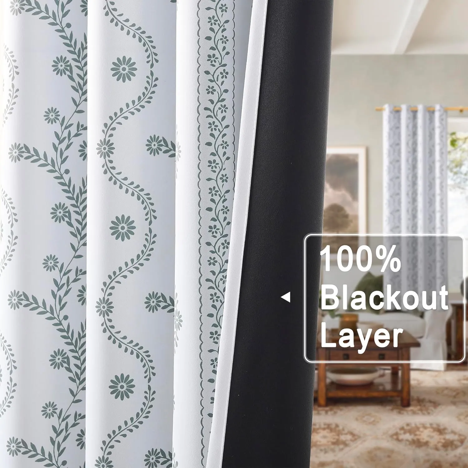 White Blackout Curtains Boho Style for Bedroom Living Room Window Treatment Sage Leaf Printed 84 Inch lench 100% Black Out Curtain Thermal Insulated Drapes