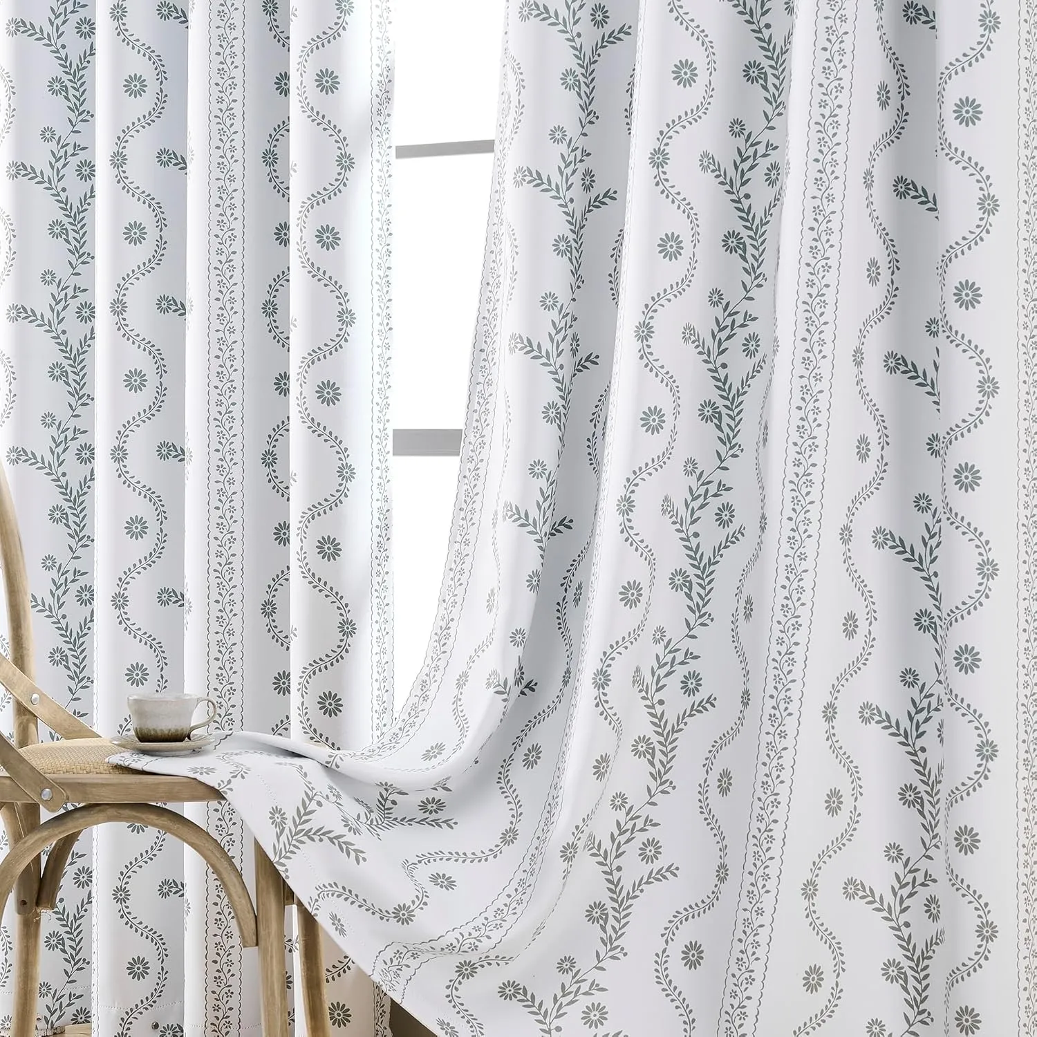 White Blackout Curtains Boho Style for Bedroom Living Room Window Treatment Sage Leaf Printed 84 Inch lench 100% Black Out Curtain Thermal Insulated Drapes