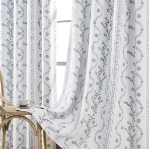 White Blackout Curtains Boho Style for Bedroom Living Room Window Treatment Sage Leaf Printed 84 Inch lench 100% Black Out Curtain Thermal Insulated Drapes