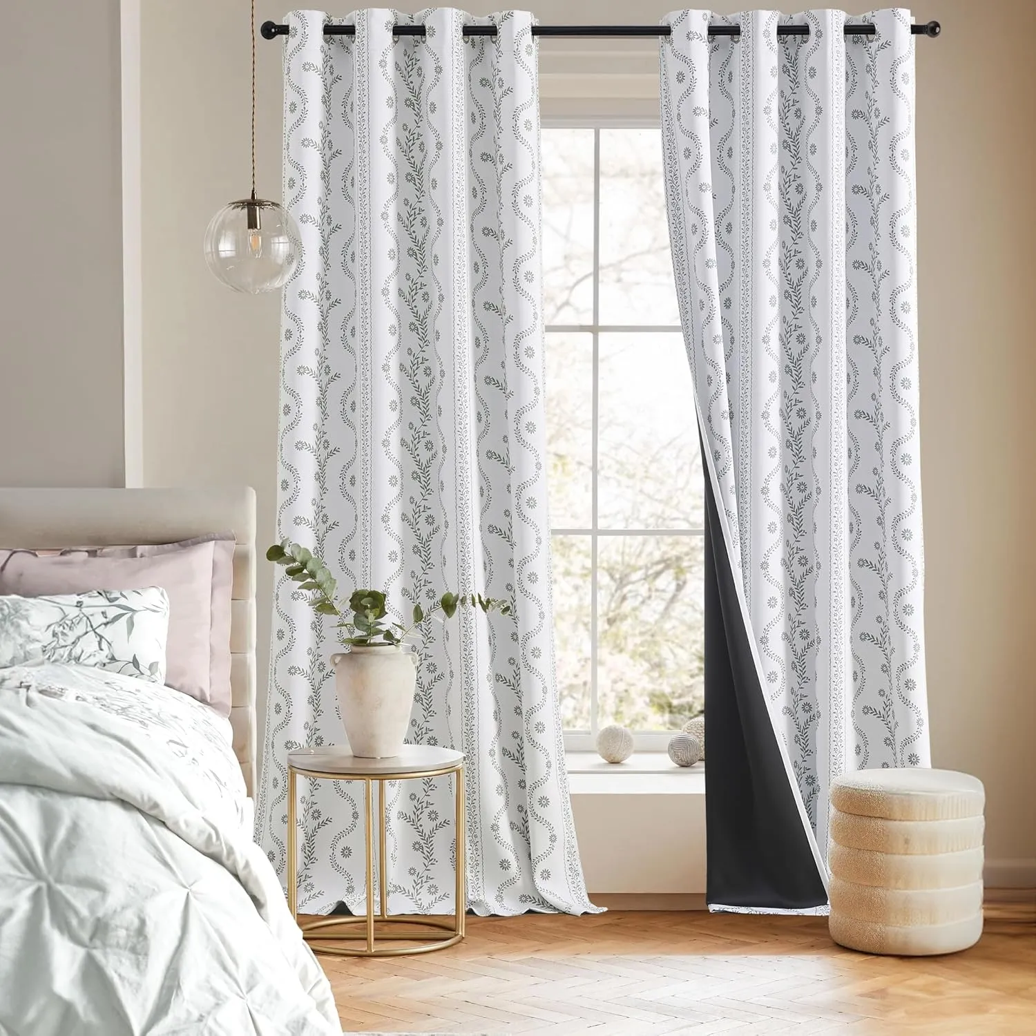 White Blackout Curtains Boho Style for Bedroom Living Room Window Treatment Sage Leaf Printed 84 Inch lench 100% Black Out Curtain Thermal Insulated Drapes