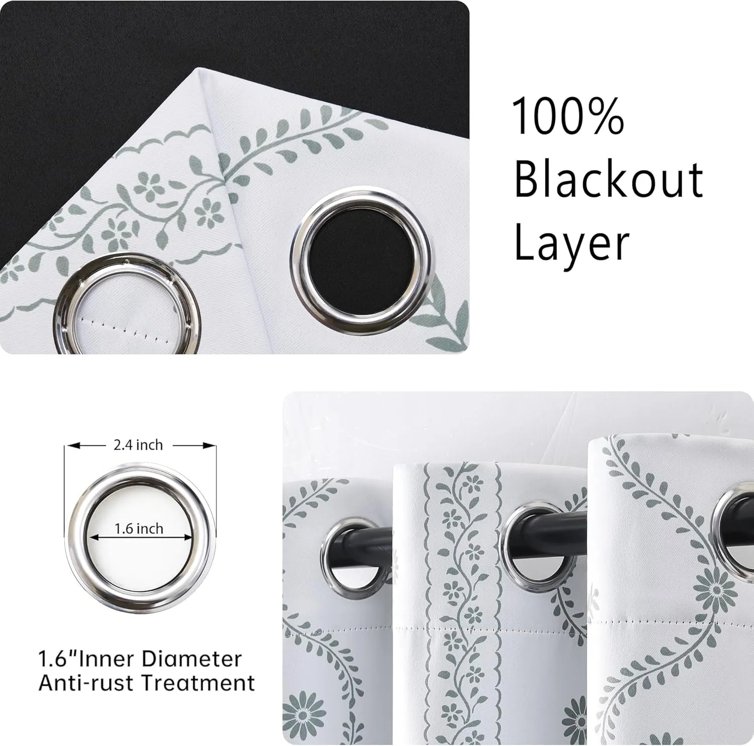 White Blackout Curtains Boho Style for Bedroom Living Room Window Treatment Sage Leaf Printed 84 Inch lench 100% Black Out Curtain Thermal Insulated Drapes