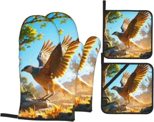 Wings in The Wilderness Print Oven Mitts and Pot Holders Sets of 4, Cute Oven Gloves, Heat Resistant Mittens for Cooking