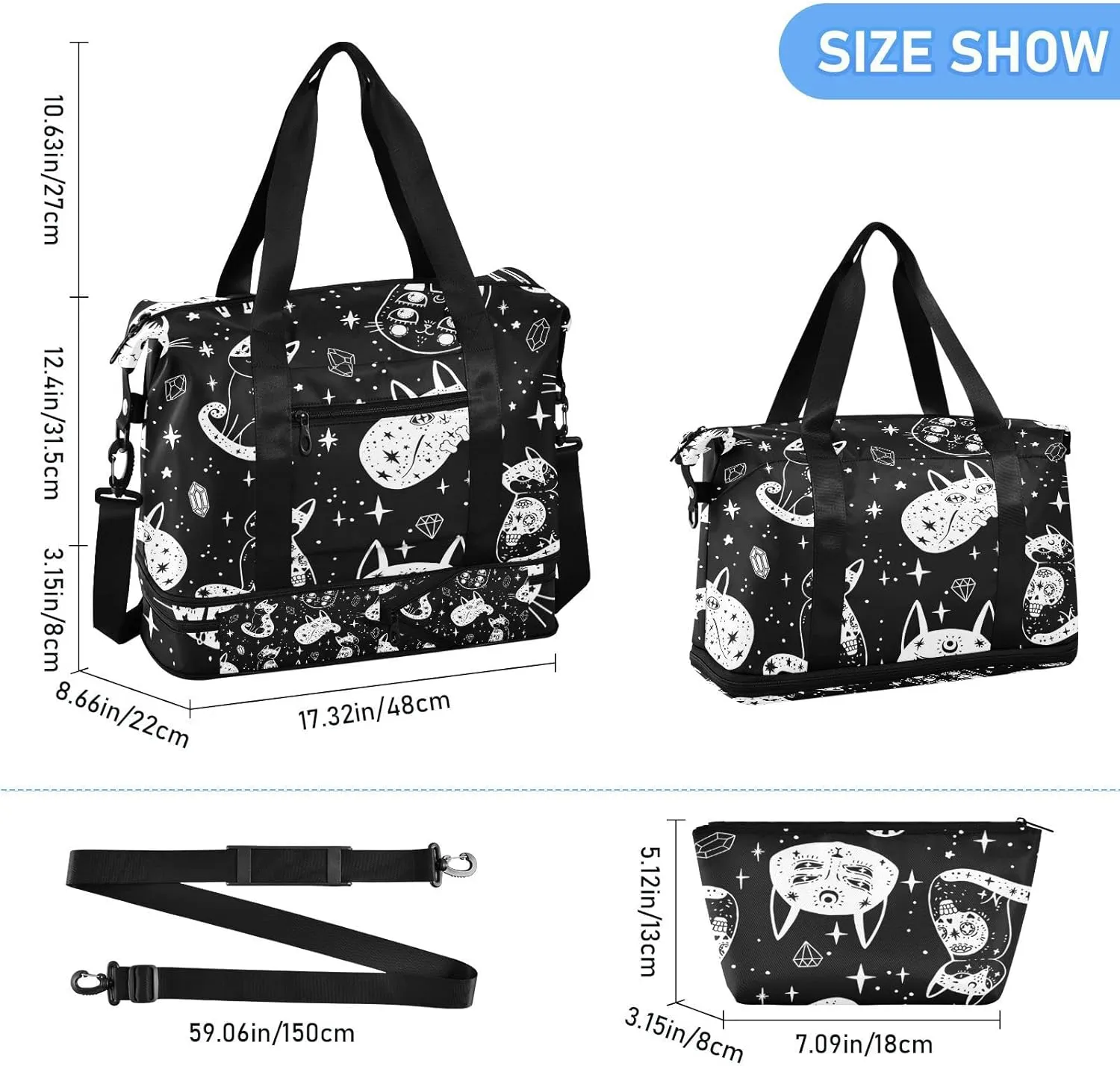 Witch's Cat Seamless Foldable Travel Bag, Camping Luggage bag, Portable Gym Bag, Sports Bag, Toiletry Bag with Handles Adjustable Shoulder Strap