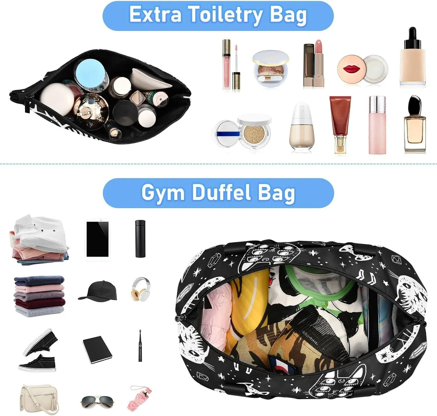Witch's Cat Seamless Foldable Travel Bag, Camping Luggage bag, Portable Gym Bag, Sports Bag, Toiletry Bag with Handles Adjustable Shoulder Strap