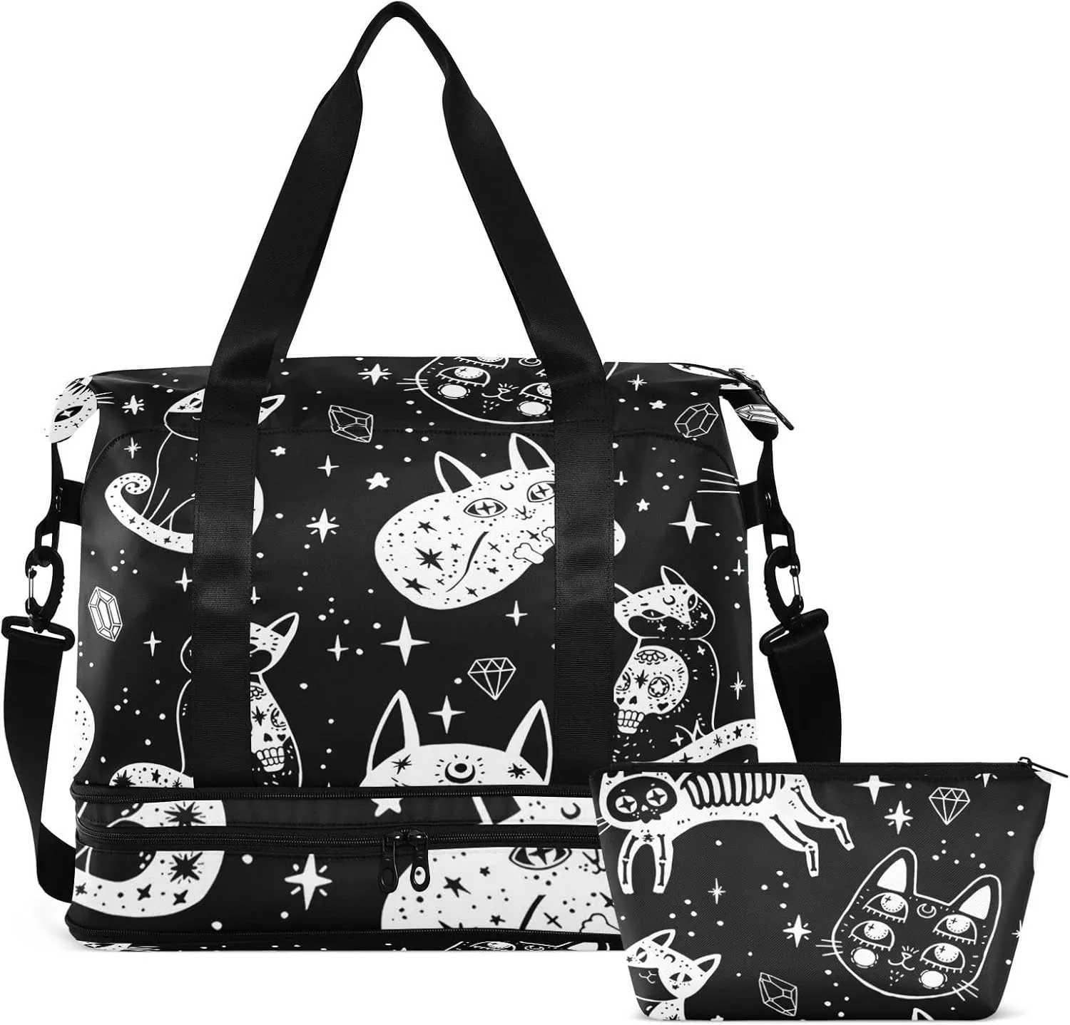 Witch's Cat Seamless Foldable Travel Bag, Camping Luggage bag, Portable Gym Bag, Sports Bag, Toiletry Bag with Handles Adjustable Shoulder Strap