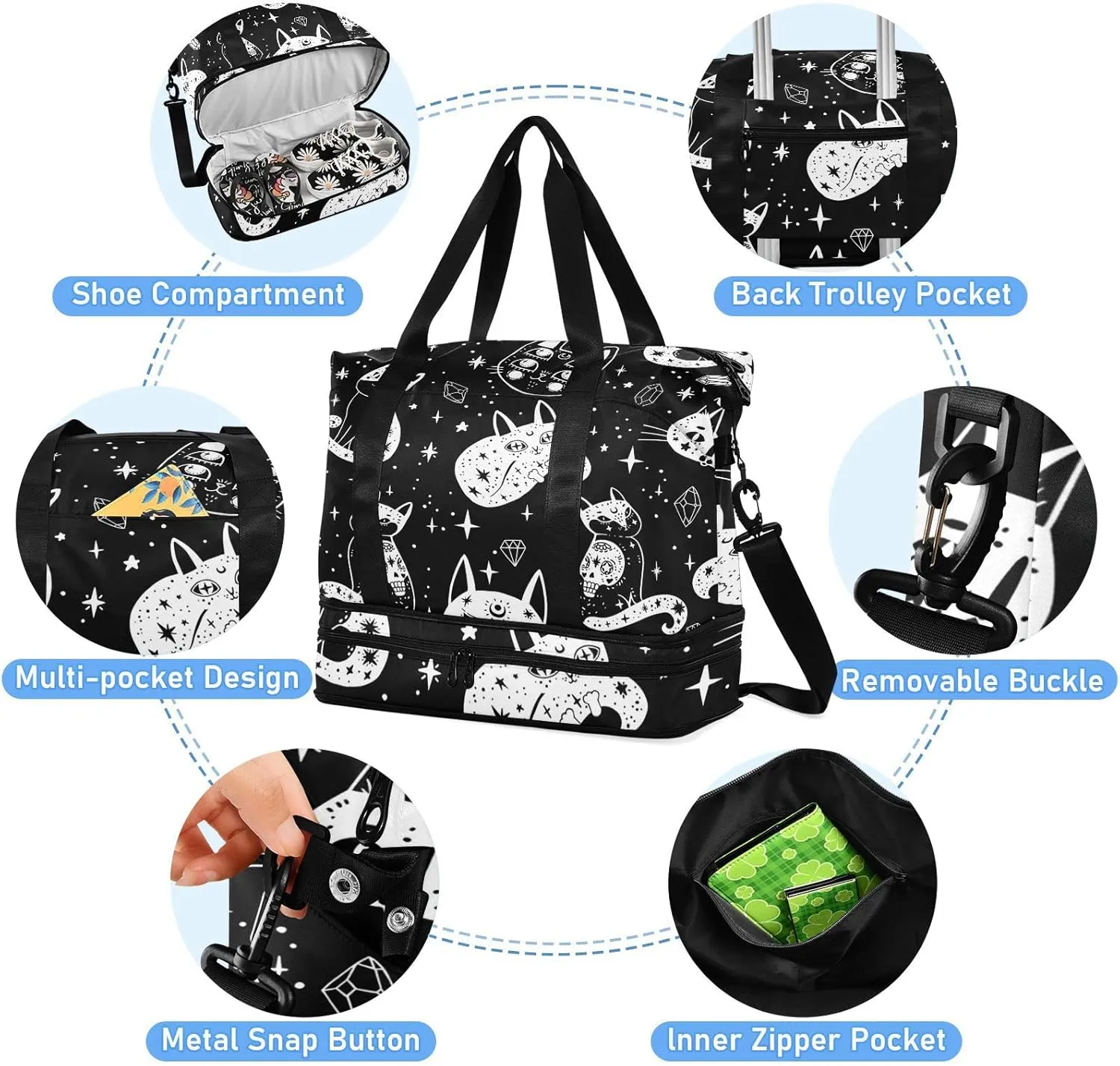 Witch's Cat Seamless Foldable Travel Bag, Camping Luggage bag, Portable Gym Bag, Sports Bag, Toiletry Bag with Handles Adjustable Shoulder Strap