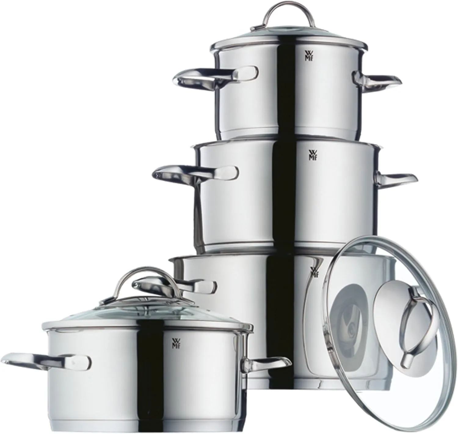 WMF Pot Set 4-Piece Provence Plus Pouring Rim Glass Lid Cromargan Stainless Steel Polished Suitable for Induction Hobs Dishwasher-Safe