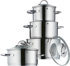 WMF Pot Set 4-Piece Provence Plus Pouring Rim Glass Lid Cromargan Stainless Steel Polished Suitable for Induction Hobs Dishwasher-Safe