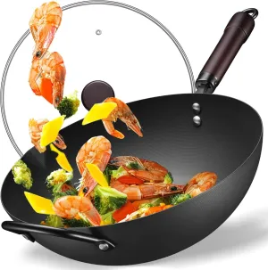 Wok, 13 Inch carbon steel woks & stir-fry pans nonstick, Pre-Seasoned 5.8QT Flat Bottom Chinese Wok Pan with lid, Carbon Steel Cookware, Compatible with All Cooktops