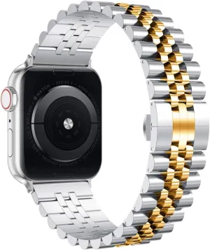 Wolait Compatible with Apple Watch Ultra 2 Band 49mm 46mm 45mm 44mm 42mm,Stainless Steel Heavy Band with Butterfly Folding Clasp Link Bracelet for iWatch Ultra Series 10/9/ 8/7/6Men,Silver/Gold