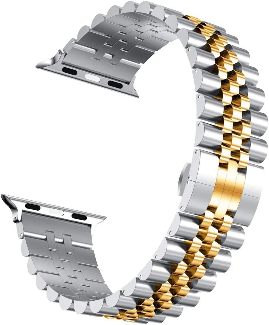 Wolait Compatible with Apple Watch Ultra 2 Band 49mm 46mm 45mm 44mm 42mm,Stainless Steel Heavy Band with Butterfly Folding Clasp Link Bracelet for iWatch Ultra Series 10/9/ 8/7/6Men,Silver/Gold