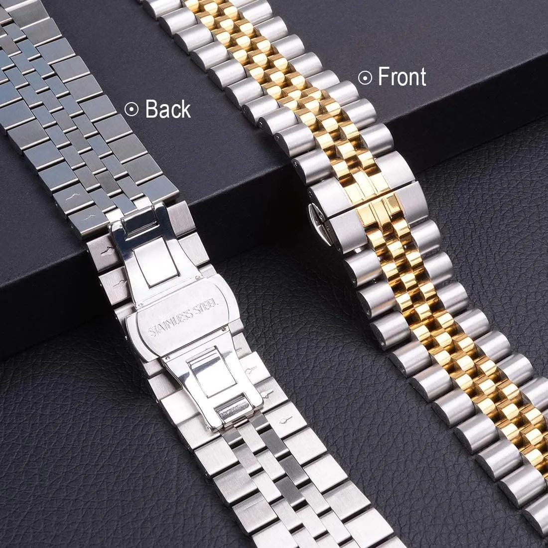 Wolait Compatible with Apple Watch Ultra 2 Band 49mm 46mm 45mm 44mm 42mm,Stainless Steel Heavy Band with Butterfly Folding Clasp Link Bracelet for iWatch Ultra Series 10/9/ 8/7/6Men,Silver/Gold