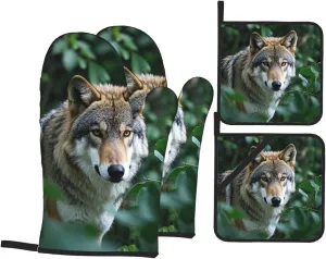 Wolves in The Wilderness Print Oven Mitts and Pot Holders Sets of 4, Cute Oven Gloves, Heat Resistant Mittens for Cooking