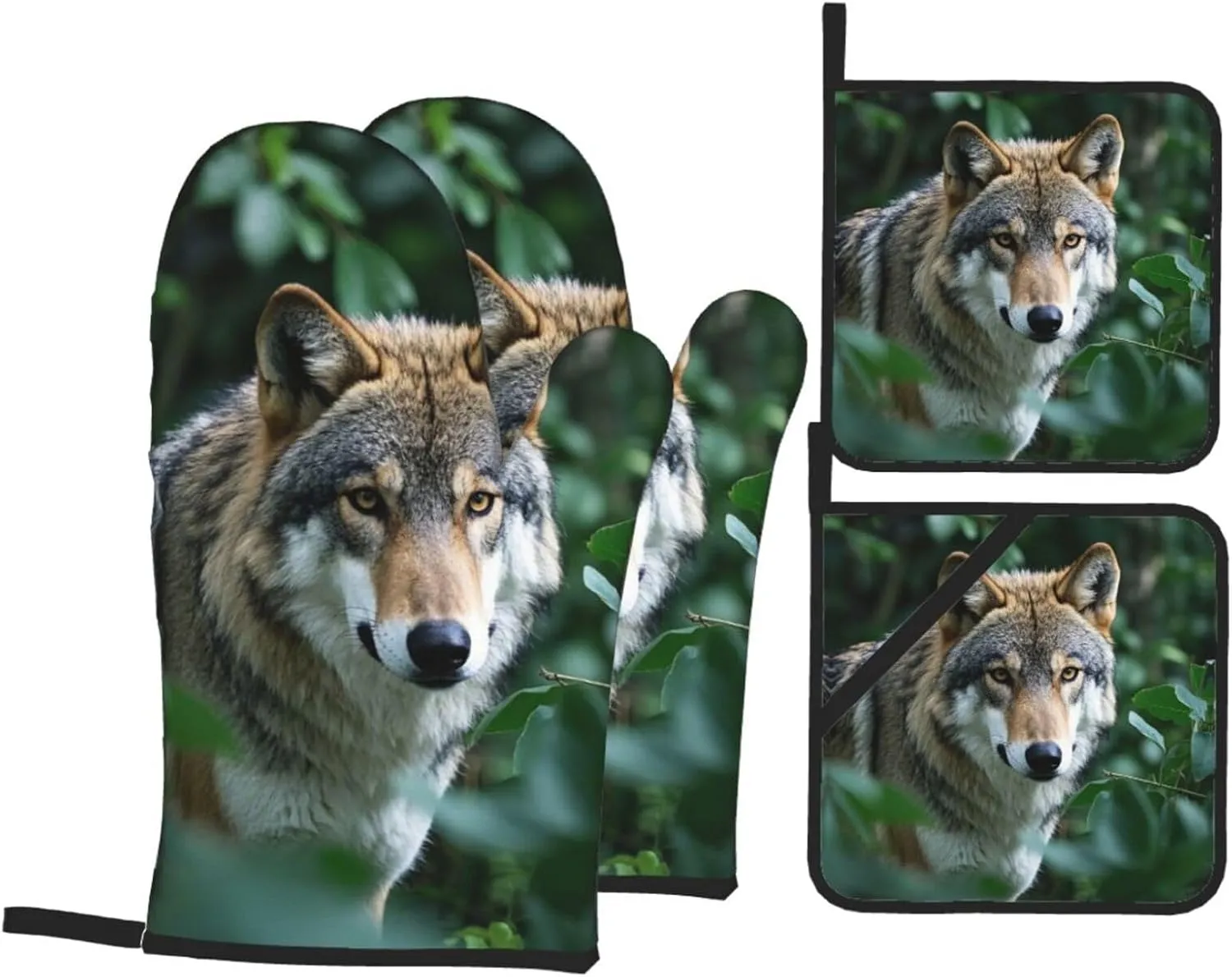 Wolves in The Wilderness Print Oven Mitts and Pot Holders Sets of 4, Cute Oven Gloves, Heat Resistant Mittens for Cooking